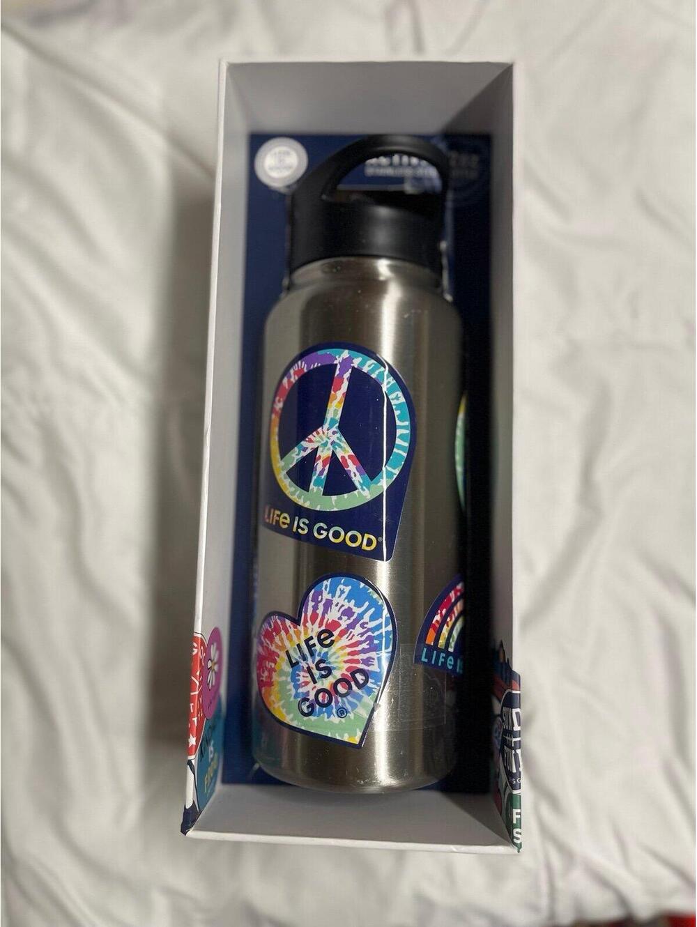 Brand new life is good active 32 oz wide mouth water bottle silver with stickers